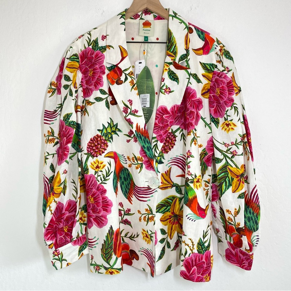 Farm Rio NWT Women’s M Toucan’s Garden Linen Floral Button Down Blazer Long Sl - Picture 2 of 9